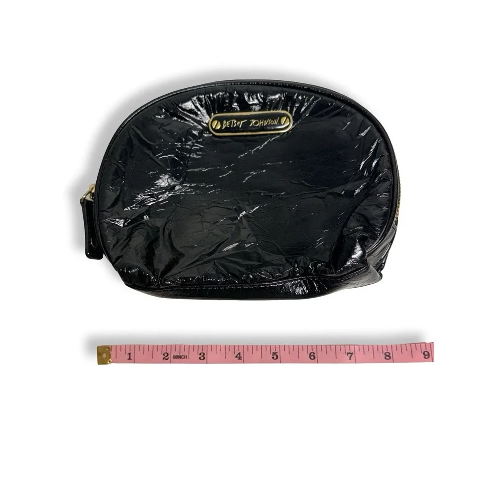 Betsey Johnson Black Patent Leather Dome Cosmetic Bag Makeup Pouch Gold Zipper